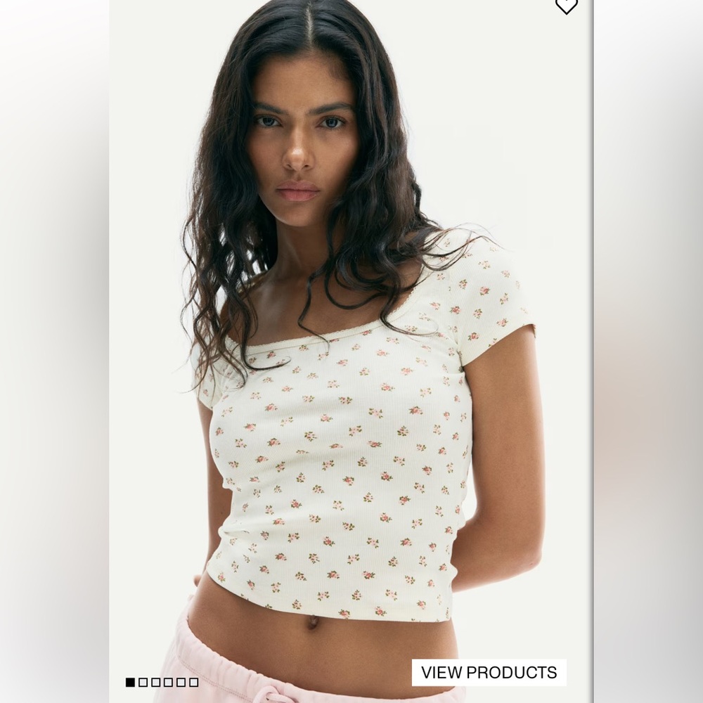 H&M PICOT-TRIMMED RIBBED T-SHIRT Cotton Jersey Top floral square neck XL
